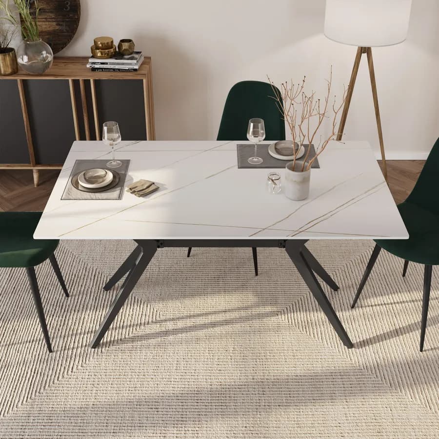 Tavolo 150x90cm nero con piano in ceramica bianco e venature oro - Manty