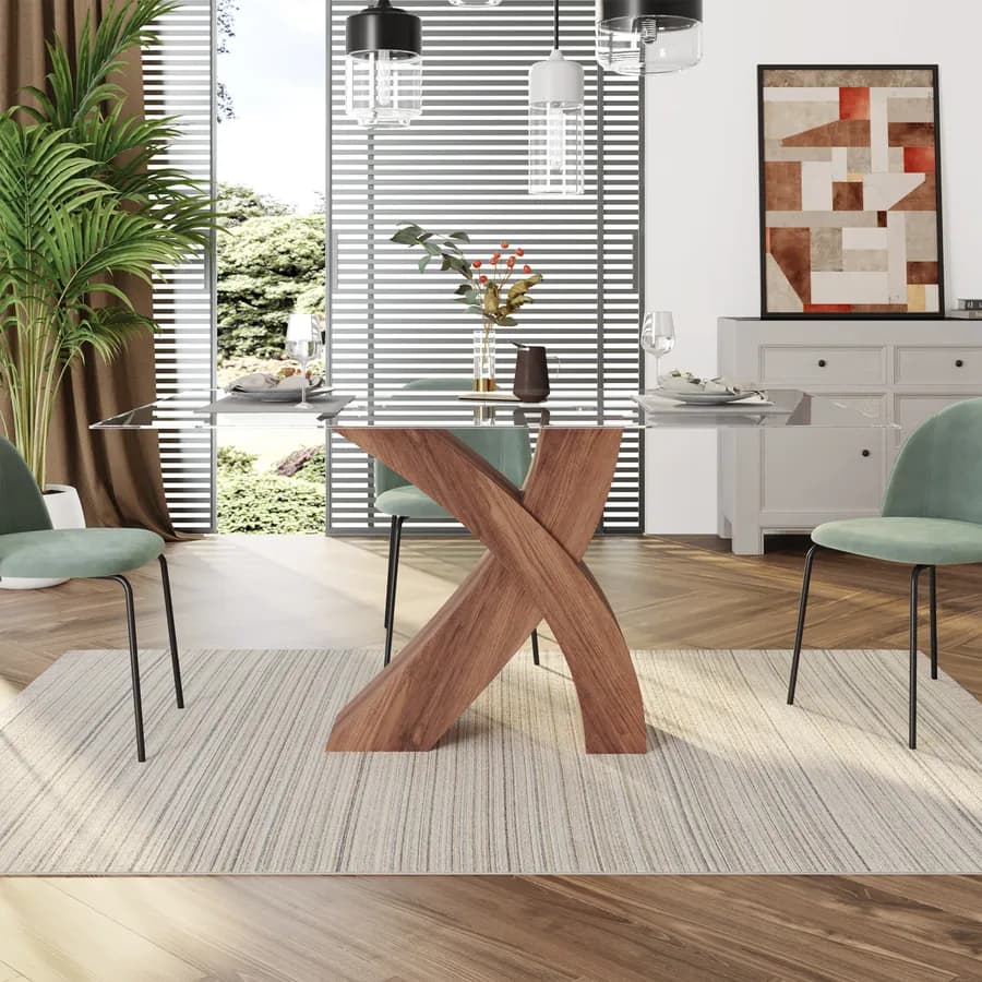 Tavolo 160x100 cm con piano in vetro e gambe rovere - Aiden