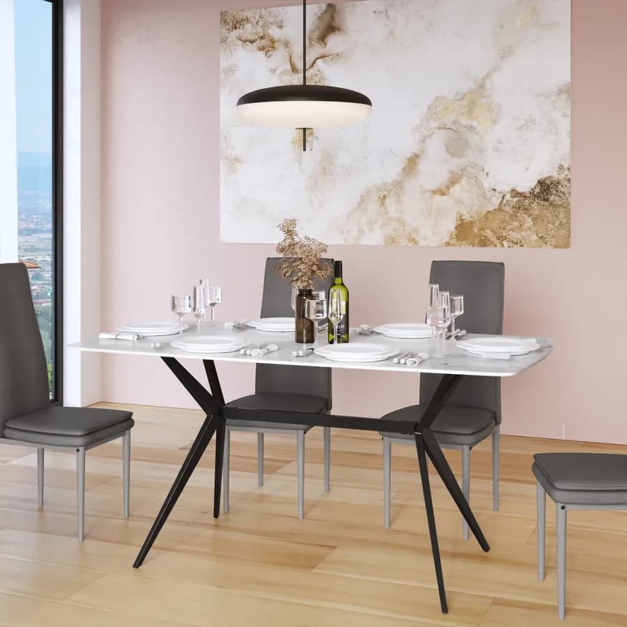 Tavolo 160x90 cm con top in ceramica effetto marmo bianco e gambe in metallo nero - Canyon