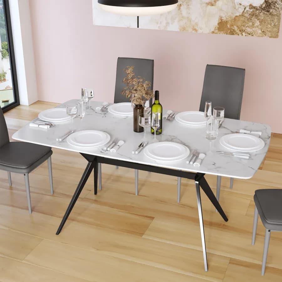 Tavolo 160x90 cm con top in ceramica effetto marmo bianco e gambe in metallo nero - Canyon