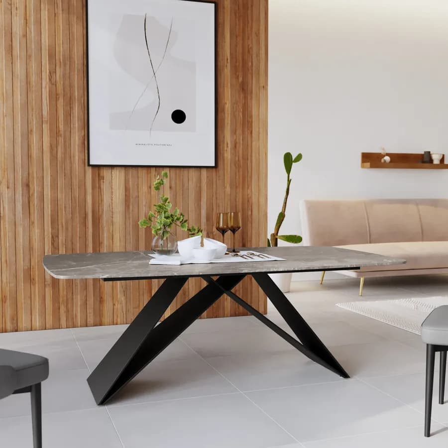 Tavolo 160x90 cm con piano in ceramica effetto marmo grigio e gambe nere - Civitas