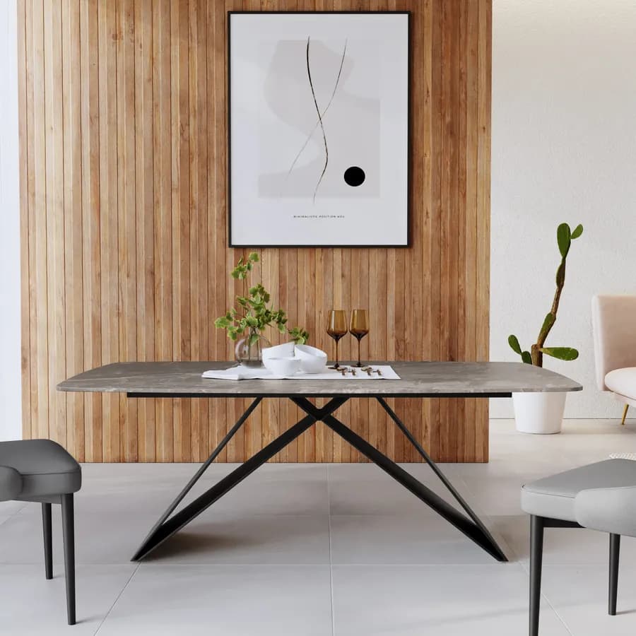 Tavolo 160x90 cm con piano in ceramica effetto marmo grigio e gambe nere - Civitas
