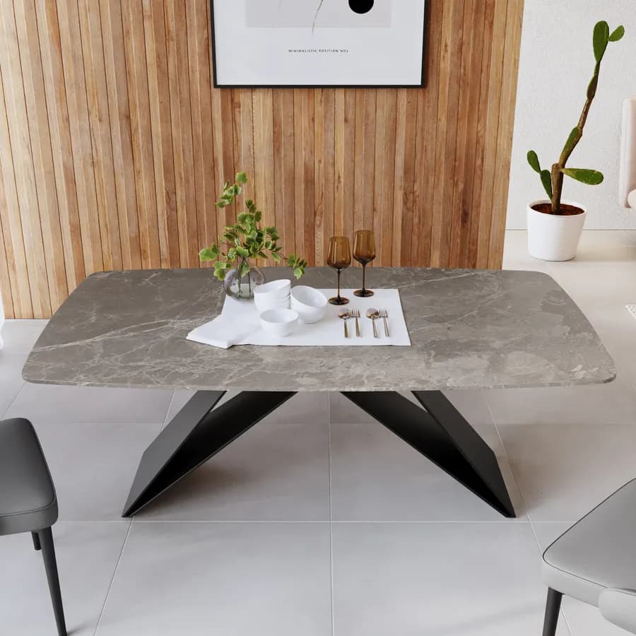 Tavolo 160x90 cm con piano in ceramica effetto marmo grigio e gambe nere - Civitas
