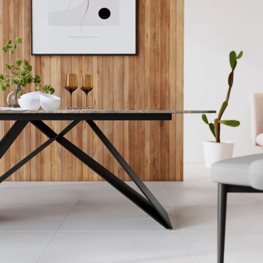 Tavolo 160x90 cm con piano in ceramica effetto marmo grigio e gambe nere - Civitas