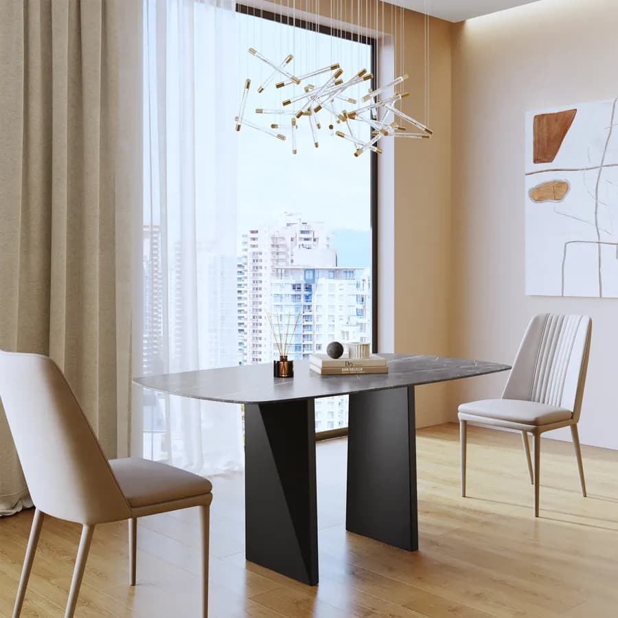 Tavolo 160x90 cm top in ceramica effetto marmo grigio e gambe in metallo grigio scuro opaco - Safari
