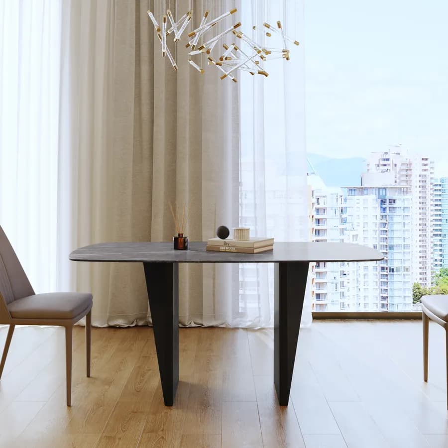 Tavolo 160x90 cm top in ceramica effetto marmo grigio e gambe in metallo grigio scuro opaco - Safari