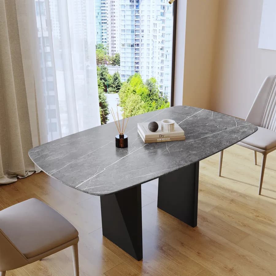Tavolo 160x90 cm top in ceramica effetto marmo grigio e gambe in metallo grigio scuro opaco - Safari