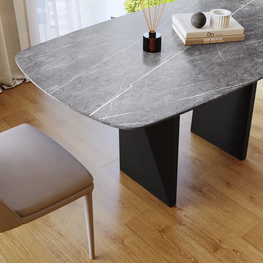 Tavolo 160x90 cm top in ceramica effetto marmo grigio e gambe in metallo grigio scuro opaco - Safari
