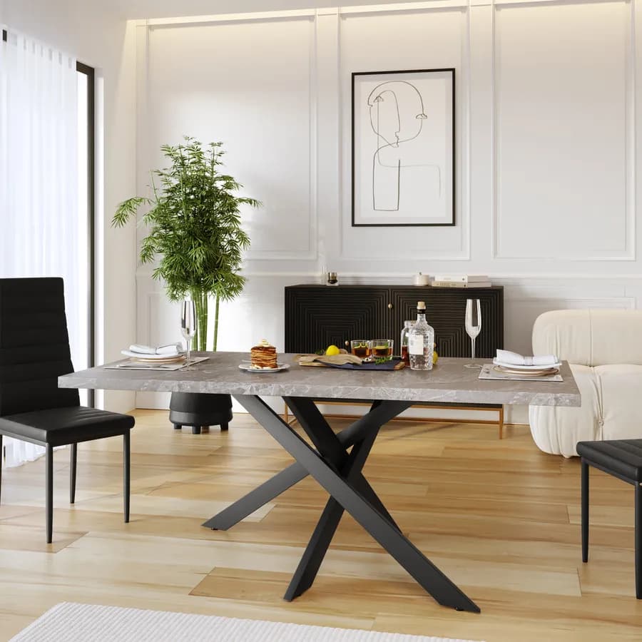 Tavolo 180x90 cm piano in legno effetto marmo e gambe nere asimmetriche - Asterisco