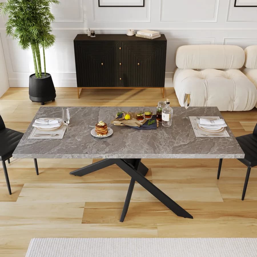 Tavolo 180x90 cm piano in legno effetto marmo e gambe nere asimmetriche - Asterisco