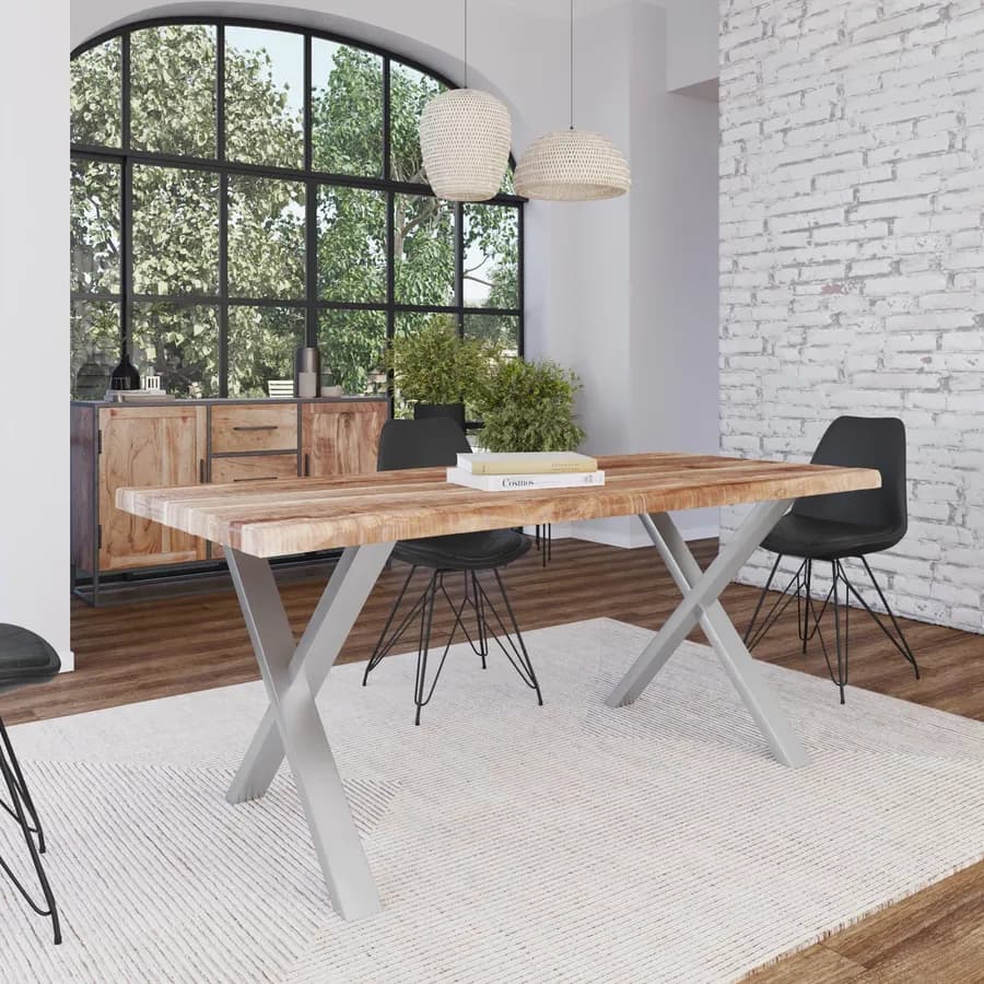 Tavolo 180x90 cm in legno di acacia e gambe in acciaio a X 8x4 cromate - Freia Acacia