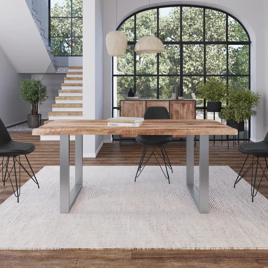 Tavolo 180x90 cm piano in legno di acacia 55 mm e gambe a U 8x4 in metallo cromo - Freia Acacia