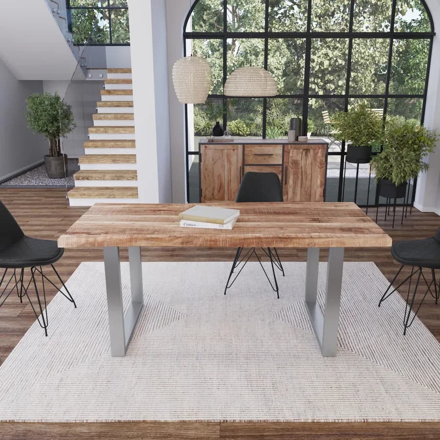 Tavolo 180x90 cm piano in legno di acacia 55 mm e gambe a U 8x4 in metallo cromo - Freia Acacia