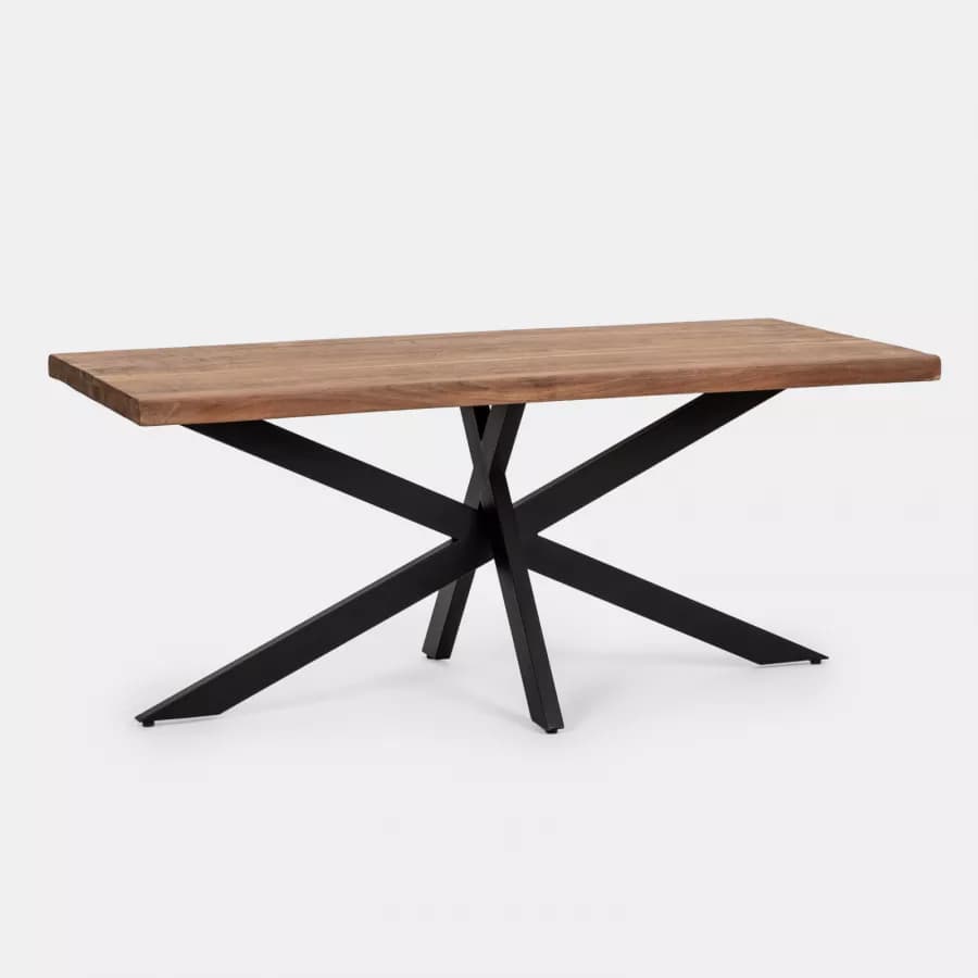 Tavolo 180x90 cm piano in legno di acacia 55mm e gambe a croce in metallo nero - Freia Acacia