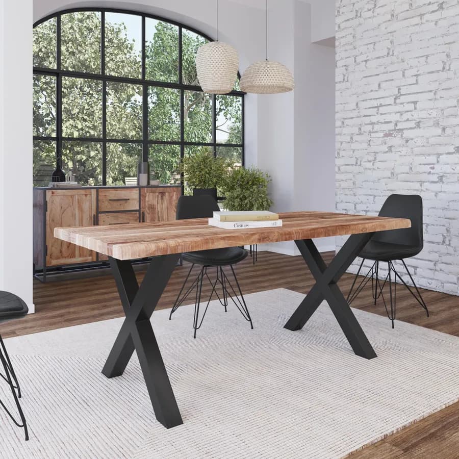 Tavolo 180x90 cm piano in legno di acacia 55 mm e gambe a X 8x8 in metallo nero - Freia Acacia