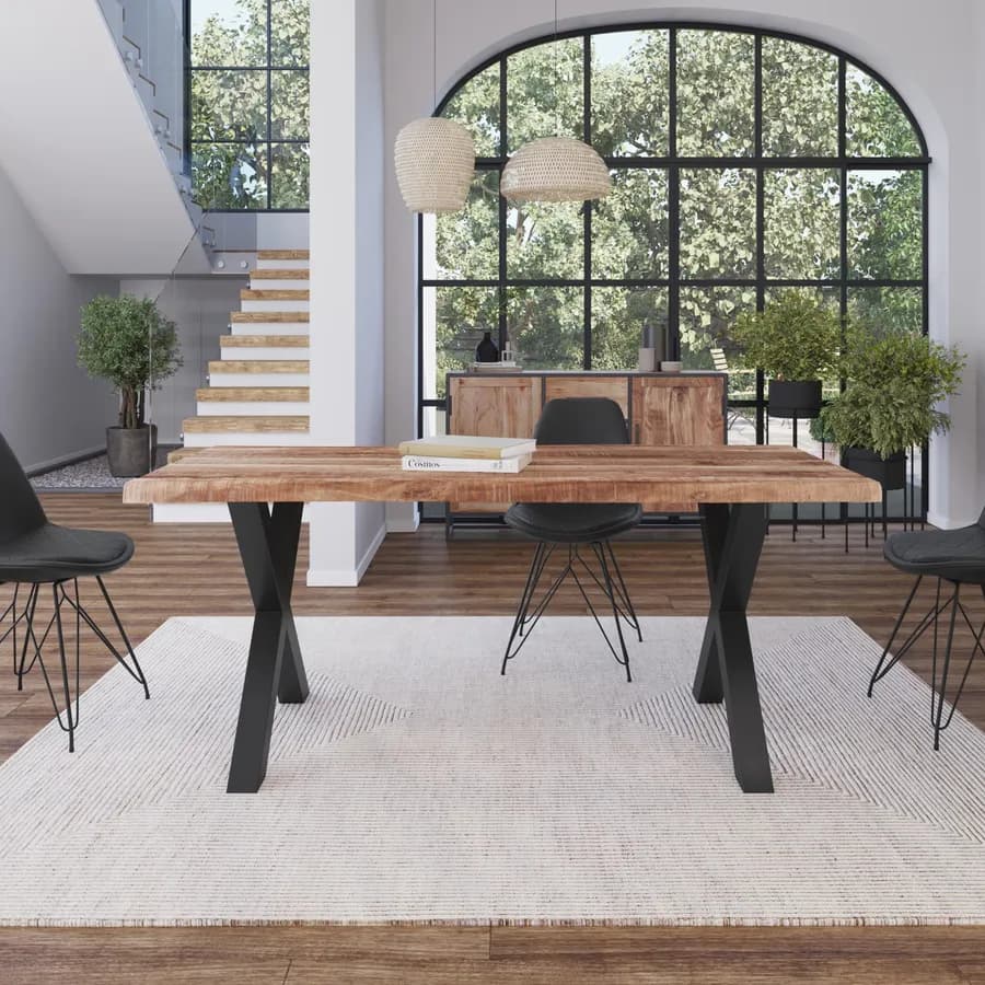 Tavolo 180x90 cm piano in legno di acacia 55 mm e gambe a X 8x8 in metallo nero - Freia Acacia