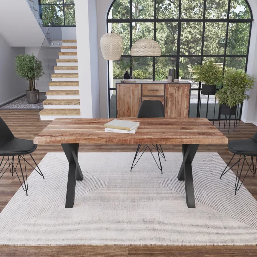 Tavolo 180x90 cm piano in legno di acacia 55 mm e gambe a X 8x8 in metallo nero - Freia Acacia