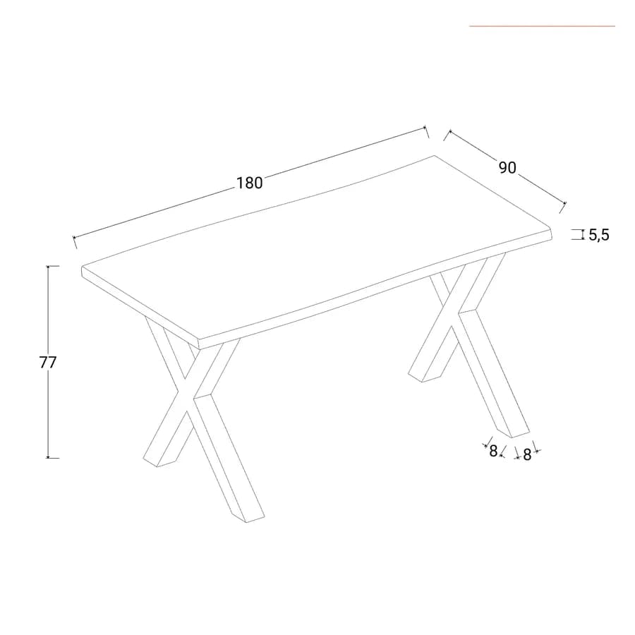 Tavolo 180x90 cm piano in legno di acacia 55 mm e gambe a X 8x8 in metallo nero - Freia Acacia