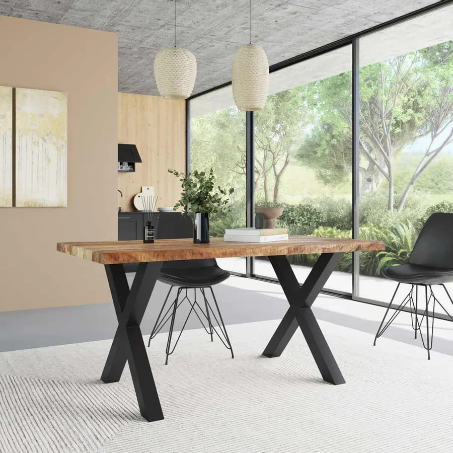Tavolo 180x90 cm piano in legno di mango 26 mm e gambe a X 8x8 in metallo nero - Freia Mango