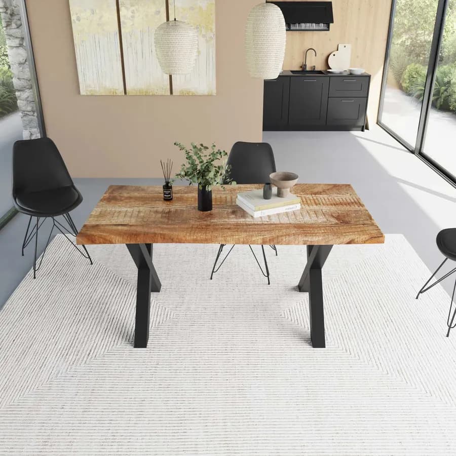 Tavolo 180x90 cm piano in legno di mango 26 mm e gambe a X 8x8 in metallo nero - Freia Mango