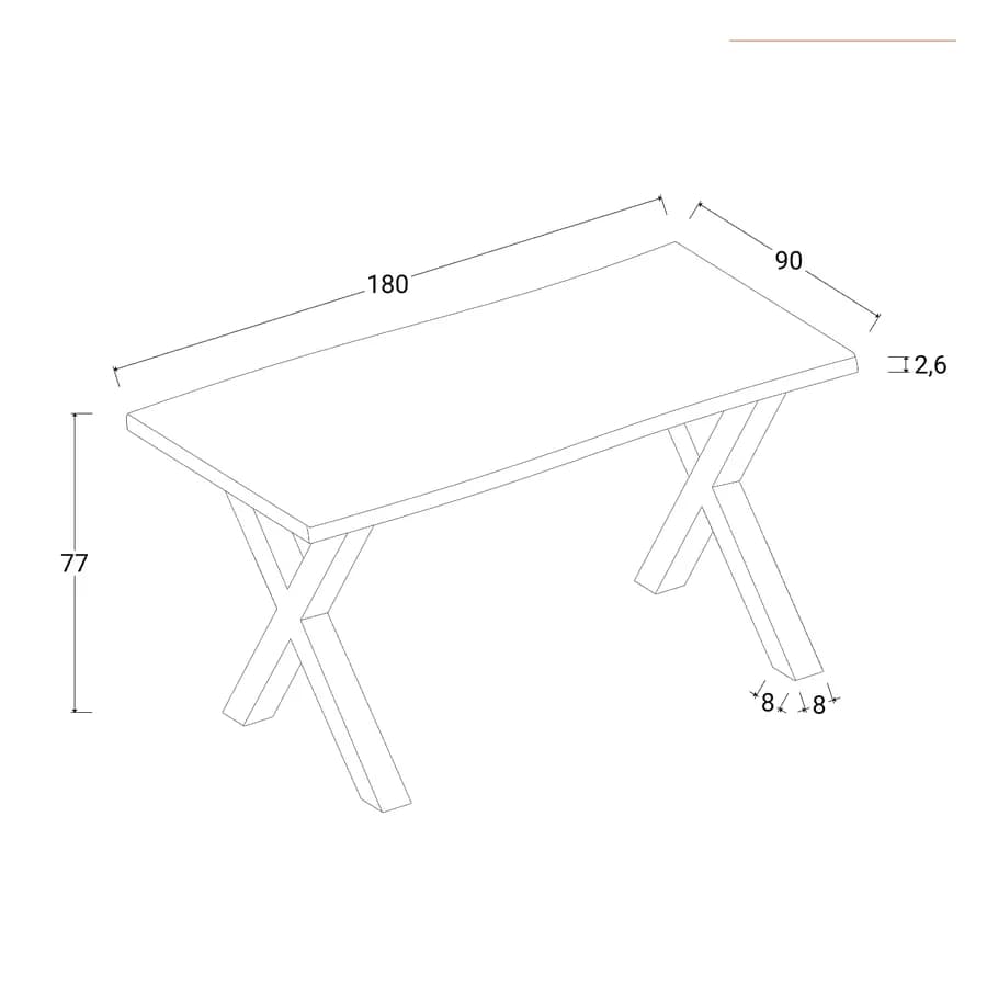 Tavolo 180x90 cm piano in legno di mango 26 mm e gambe a X 8x8 in metallo nero - Freia Mango