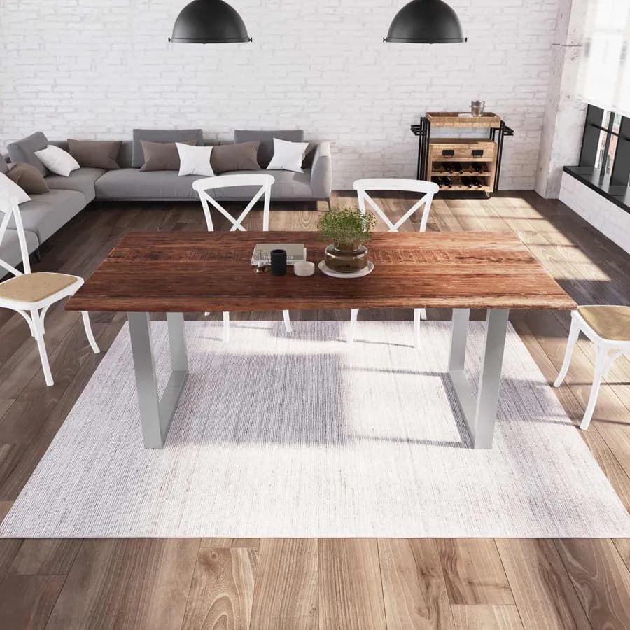 Tavolo 200x100 cm piano in legno di acacia 25 mm e gambe a U 8x4 in metallo cromo - Freia Wood