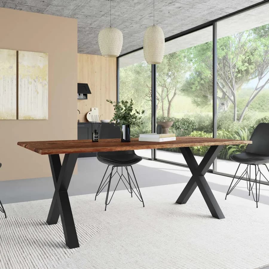 Tavolo 200x100 cm piano in legno 25 mm con gambe a X 8x8 cm nere - Freia Wood