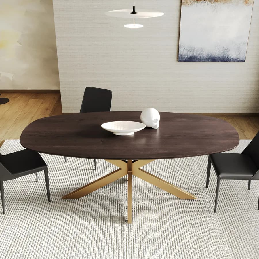 Tavolo 200x100 cm con struttura in metallo oro e top in legno di mango color noce - Flame