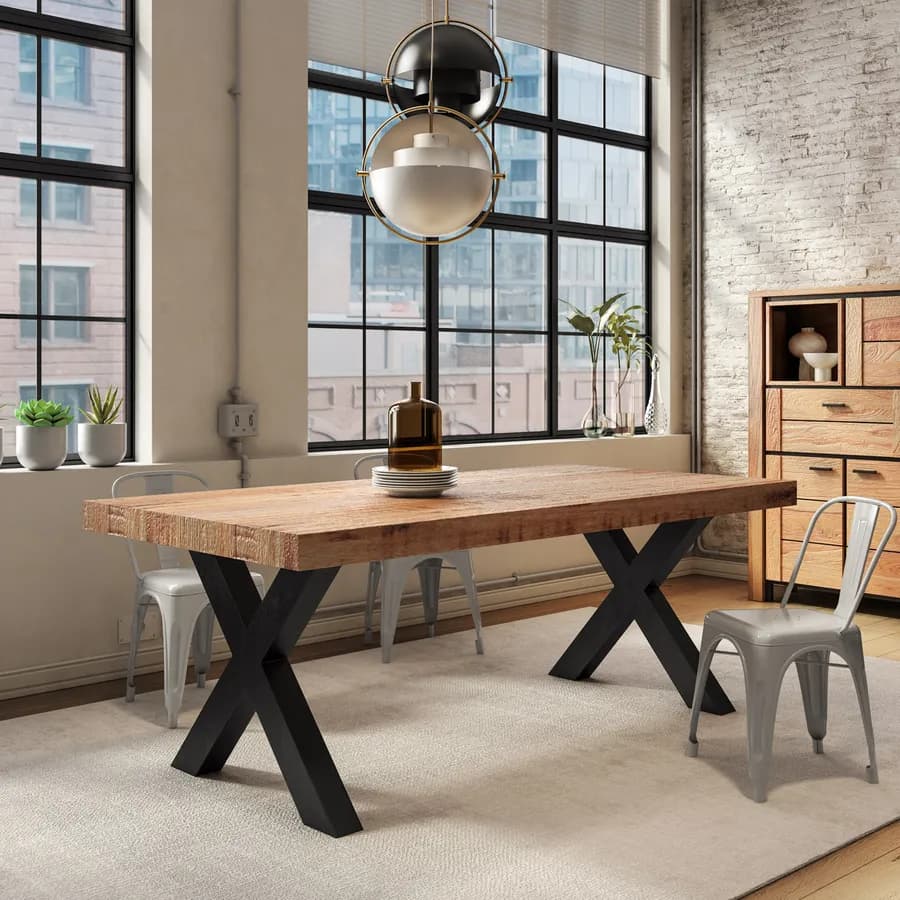 Tavolo 200x100 cm top scatolato in legno di mango 80 mm e gambe a X 8x8 in metallo nero - Freia Mango