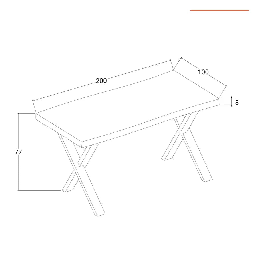 Tavolo 200x100 cm top 80 mm in legno e gambe in acciaio a X 8x4 cromate - Freia Mango