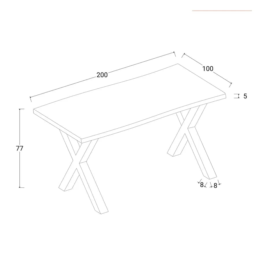 Tavolo 200x100 cm piano in legno di acacia 50 mm e gambe a X 8x8 in metallo nero - Freia Wood