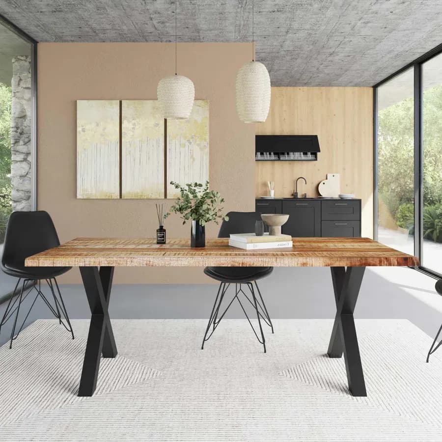 Tavolo 220x100 cm piano in legno di mango 26 mm e gambe a X 8x8 in metallo nero - Freia Mango