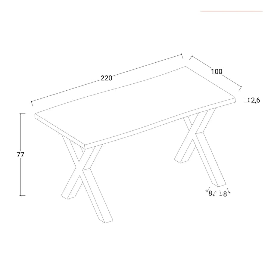 Tavolo 220x100 cm piano in legno di mango 26 mm e gambe a X 8x8 in metallo nero - Freia Mango