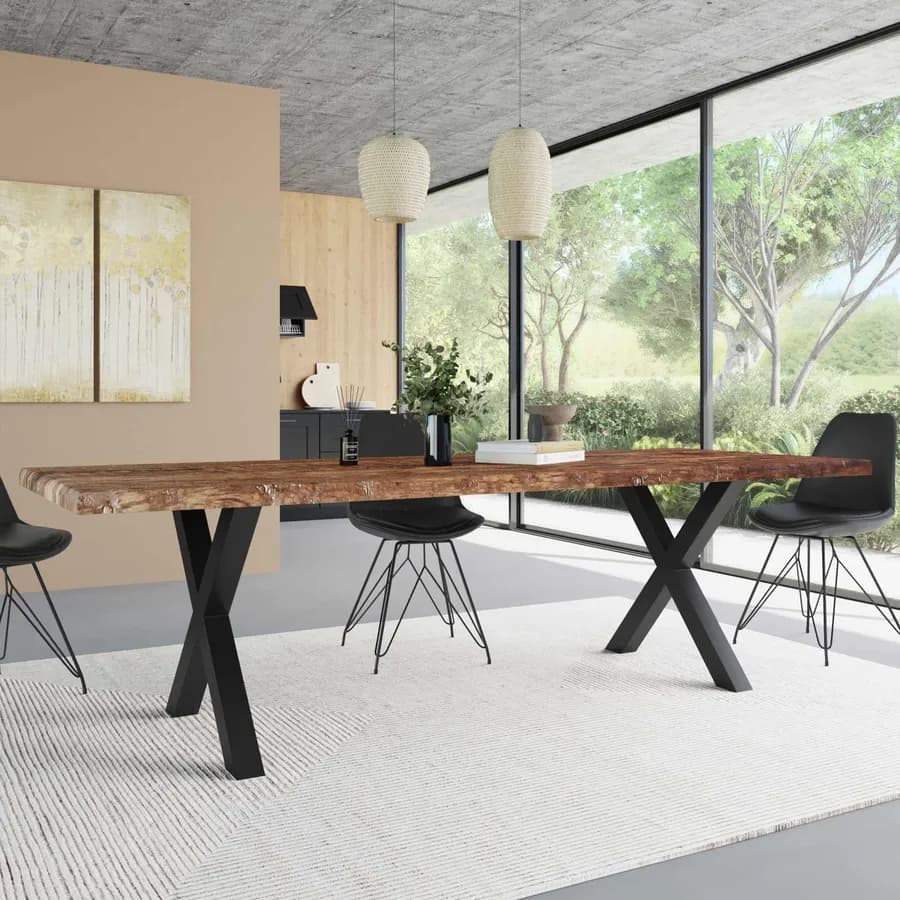 Tavolo 260x100 cm piano in legno di acacia 50 mm e gambe a X 8x8 in metallo nero - Freia Wood