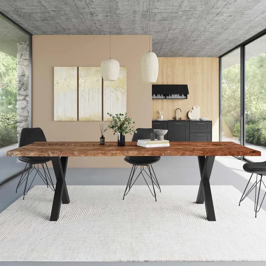 Tavolo 260x100 cm piano in legno di acacia 50 mm e gambe a X 8x8 in metallo nero - Freia Wood