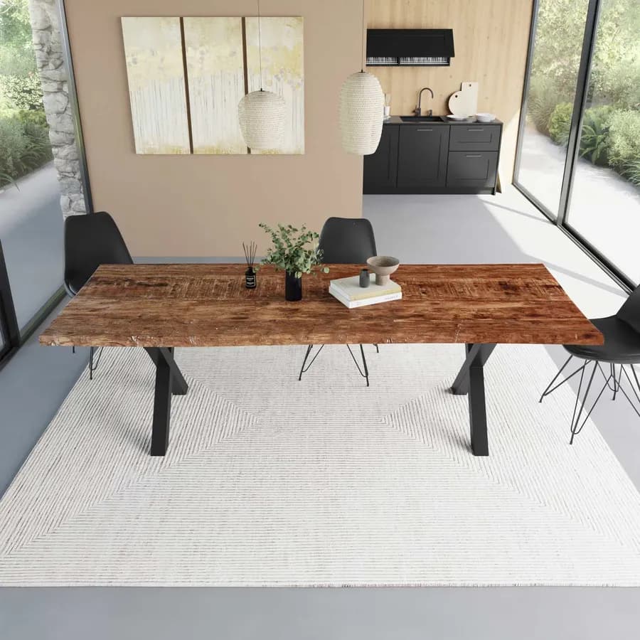 Tavolo 260x100 cm piano in legno di acacia 50 mm e gambe a X 8x8 in metallo nero - Freia Wood