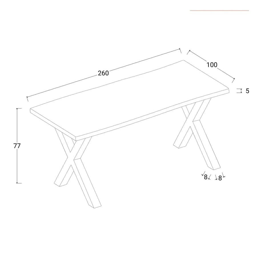 Tavolo 260x100 cm piano in legno di acacia 50 mm e gambe a X 8x8 in metallo nero - Freia Wood