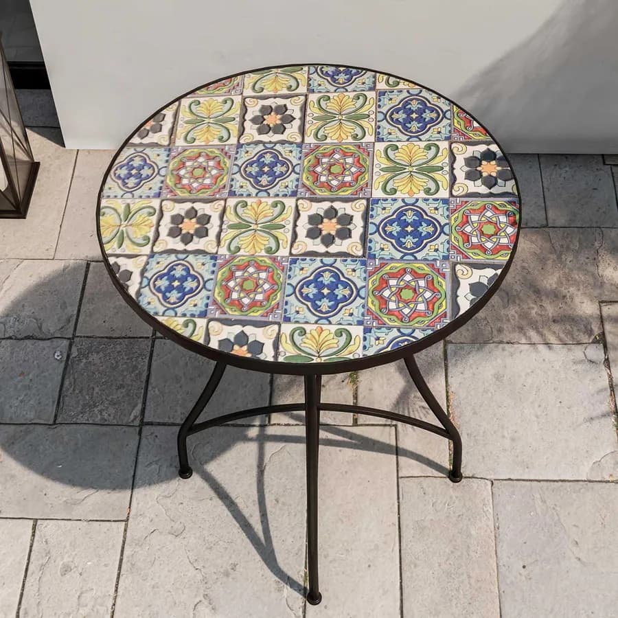 Tavolo rotondo 60 cm con decorazione maiolica toni freddi - Otranto