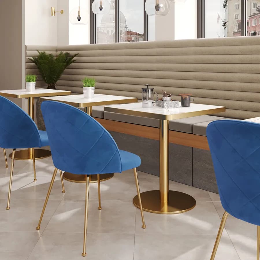 Tavolo 70x70 cm top in pietra siterizzata bianco effetto marmo e base oro in acciaio spazzolato - Caio Deluxe