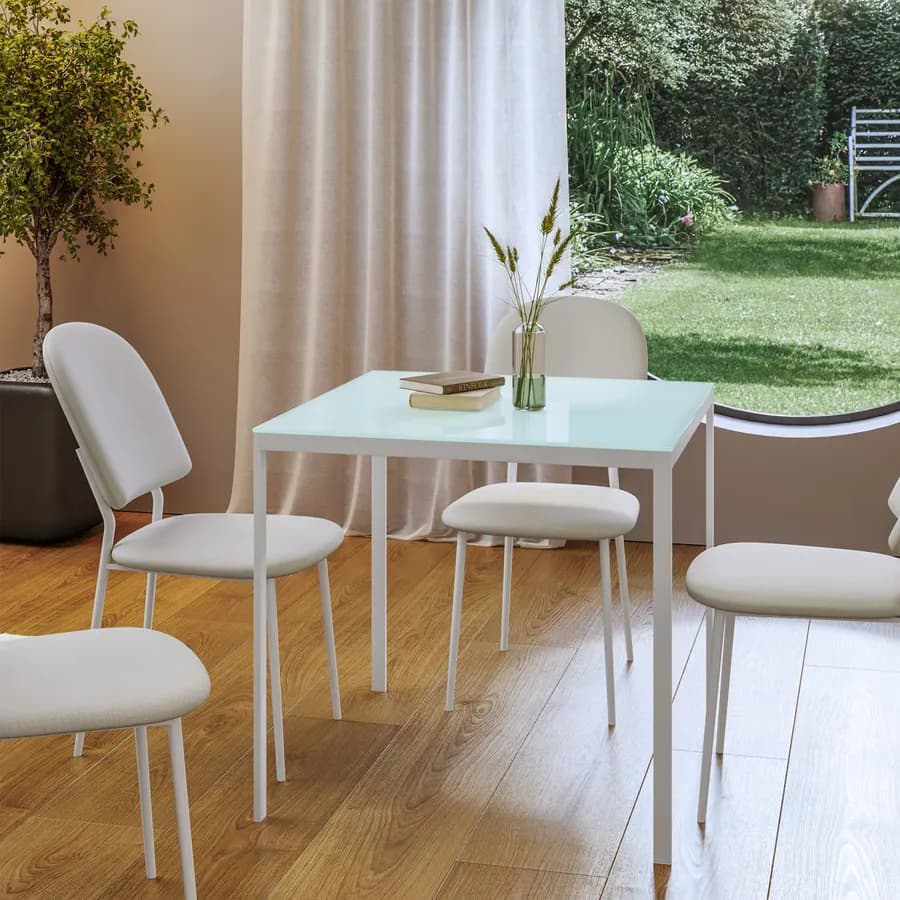 Tavolo 80x80 cm con top in vetro temperato bianco e gambe in metallo - Styloi