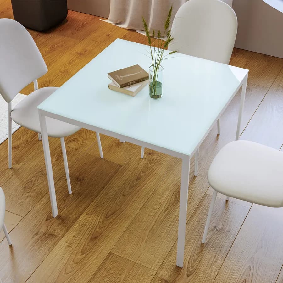 Tavolo 80x80 cm con top in vetro temperato bianco e gambe in metallo - Styloi