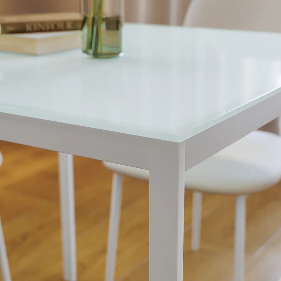 Tavolo 80x80 cm con top in vetro temperato bianco e gambe in metallo - Styloi