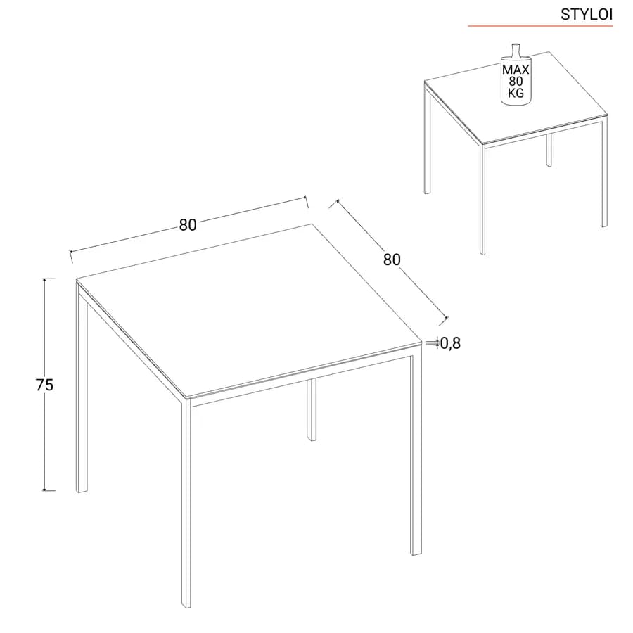 Tavolo 80x80 cm con top in vetro temperato bianco e gambe in metallo - Styloi