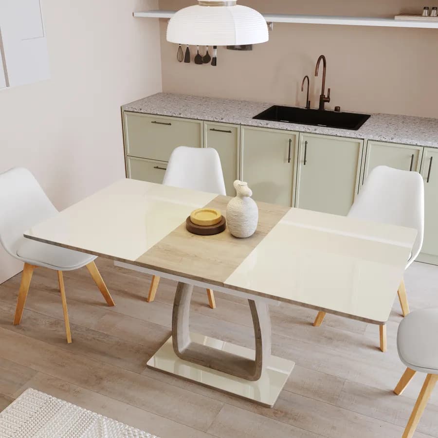 Tavolo allungabile 120-160x80 cm piano in vetro champagne e gamba centrale in legno - Stage