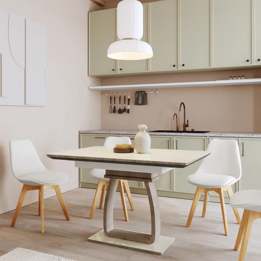 Tavolo allungabile 120-160x80 cm piano in vetro champagne e gamba centrale in legno - Stage