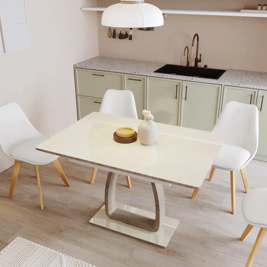 Tavolo allungabile 120-160x80 cm piano in vetro champagne e gamba centrale in legno - Stage