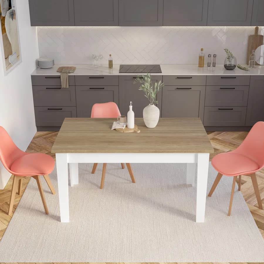 Tavolo allungabile 140-190x80 cm in legno bianco con top rovere - Amigo
