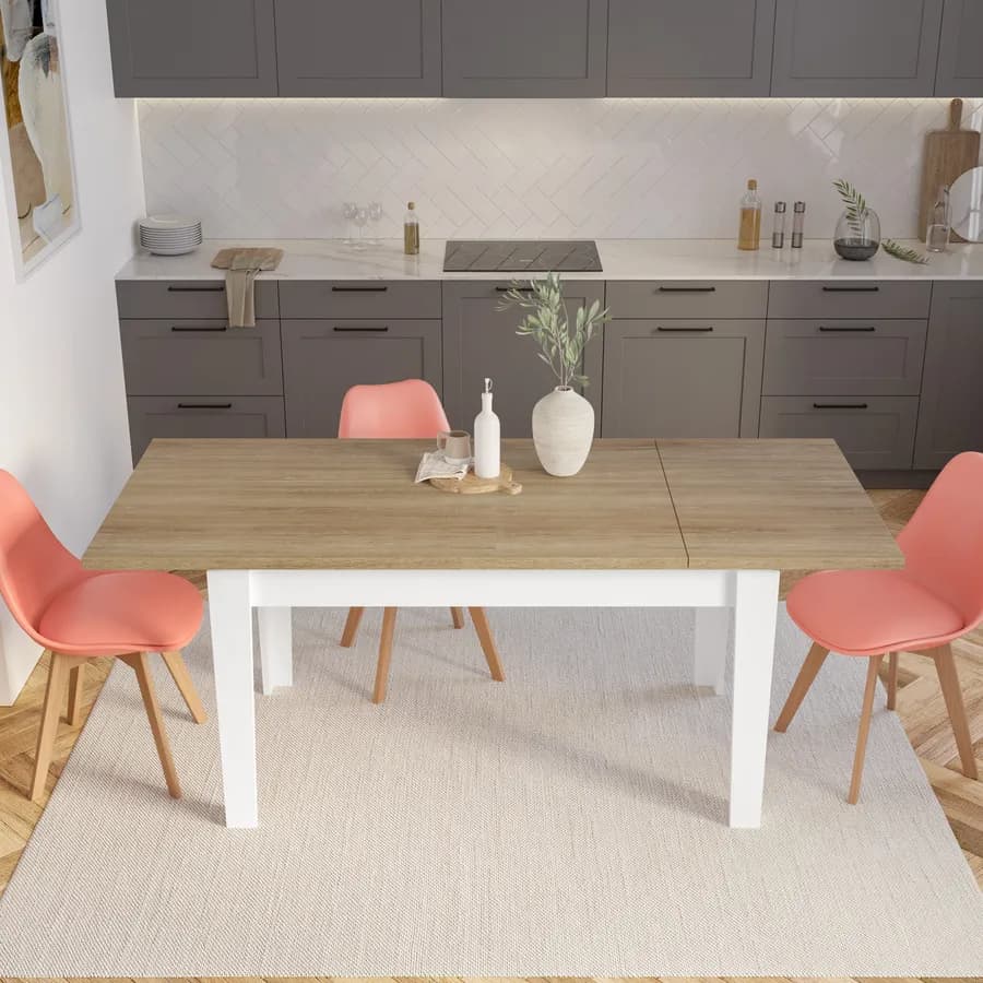 Tavolo allungabile 140-190x80 cm in legno bianco con top rovere - Amigo