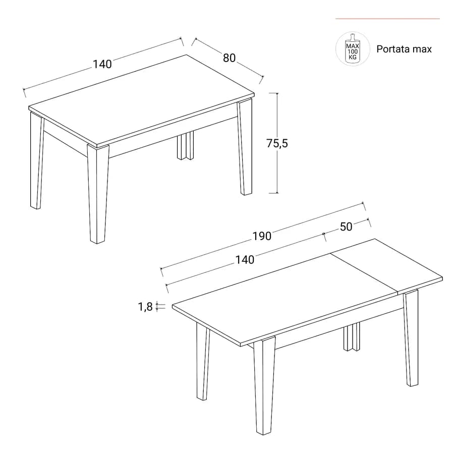 Tavolo allungabile 140-190x80 cm in legno bianco con top rovere - Amigo