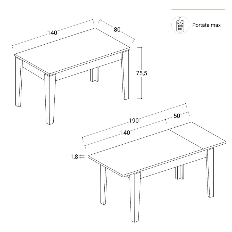 Tavolo allungabile 140-190x80 cm tortora con top rovere - Amigo